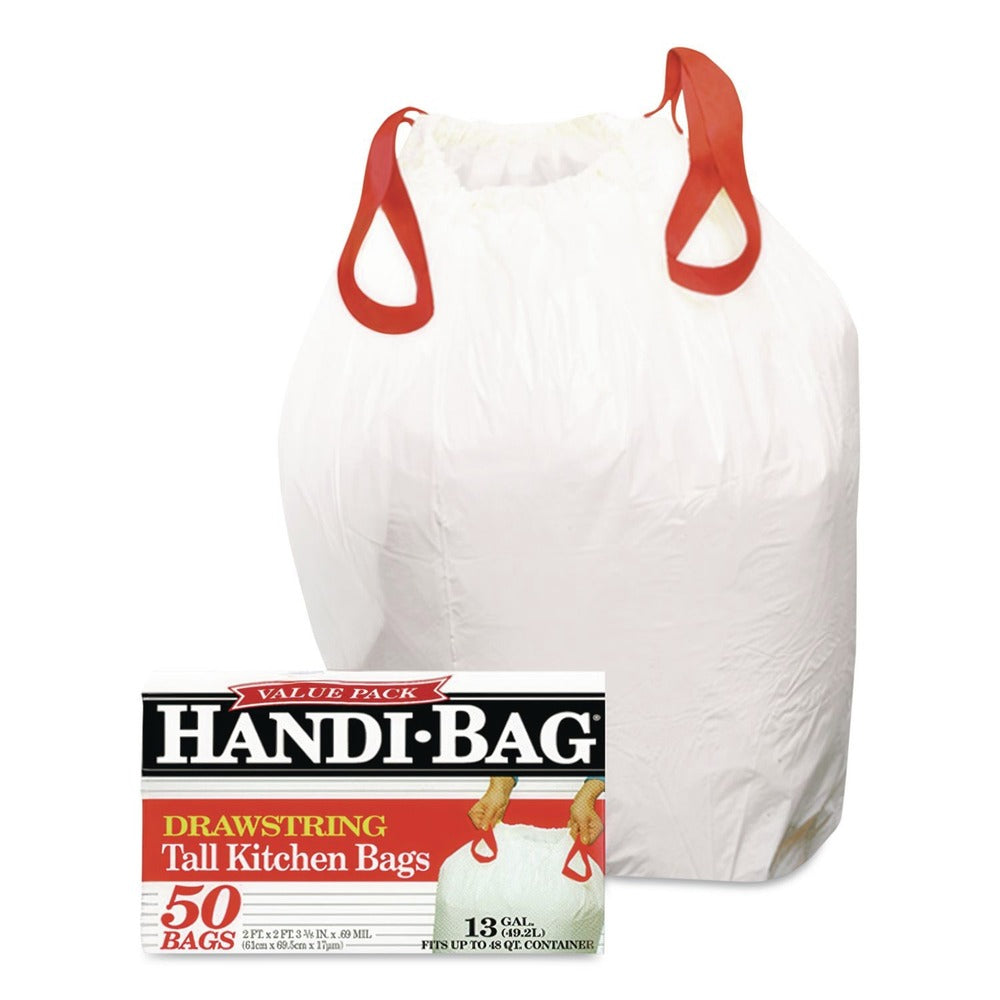 Handi-Bag 24 in. x 27.38 in. 13-Gallon Drawstring Kitchen Bags - White (50/Box)