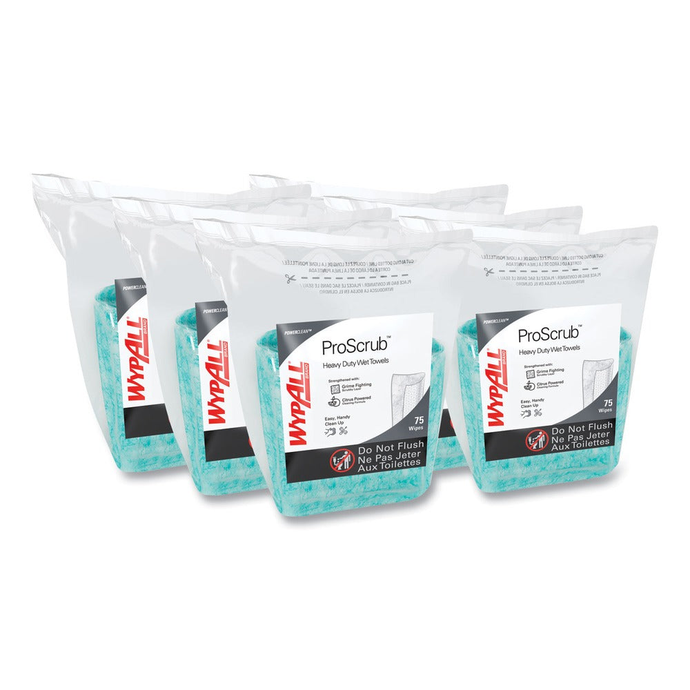 WypAll Power Clean ProScrub 12 in. x 9.5 in. Pre-Saturated Wipes - Citrus Scent, Green (75/Pack, 6 Packs/Carton)